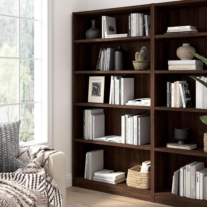 Bush Furniture Universal Tall 5 Shelf Bookcase in Black Walnut, Vertical Storage and Display Bookshelf for Home Office or Living Room Organization