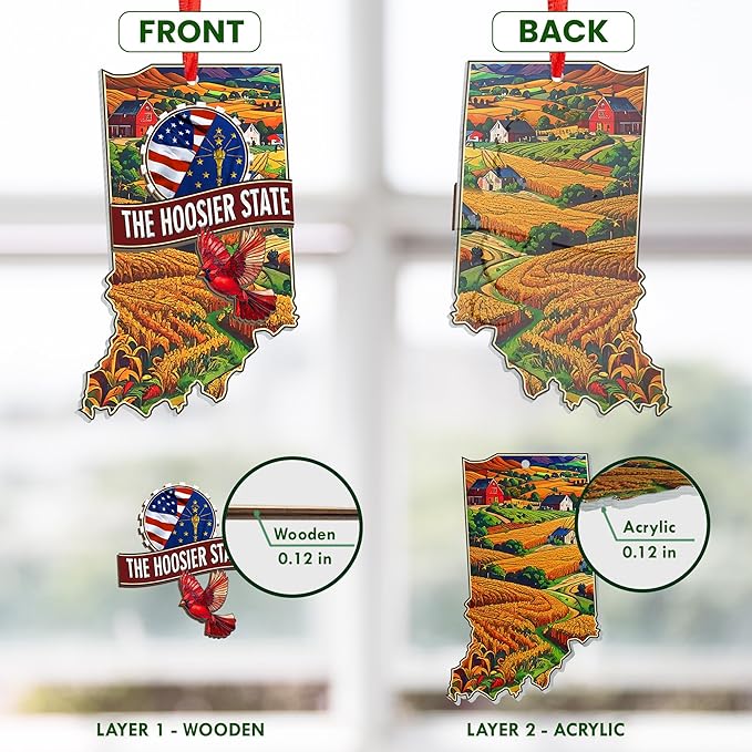 FLAGWIX Christmas Indiana Gifts for Women Men - Suncatcher Christmas Ornaments 2025 with Corn Field and Tulip - Indiana Hoosiers Gifts for Friend Family, State Cardinal Xmas Ornaments for Tree