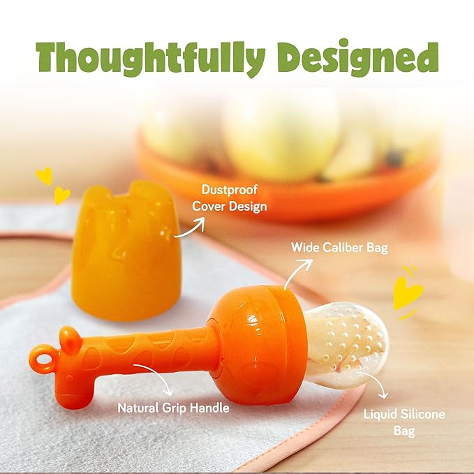 Baby Fruit Feeder, Teething Pacifier for Fruits, Veggies, or Frozen Milk, Food-Grade Silicone Teethers for Babies 6-12 Months, Baby Essentials for Teething Relief - Mango Orange and Berry Blue