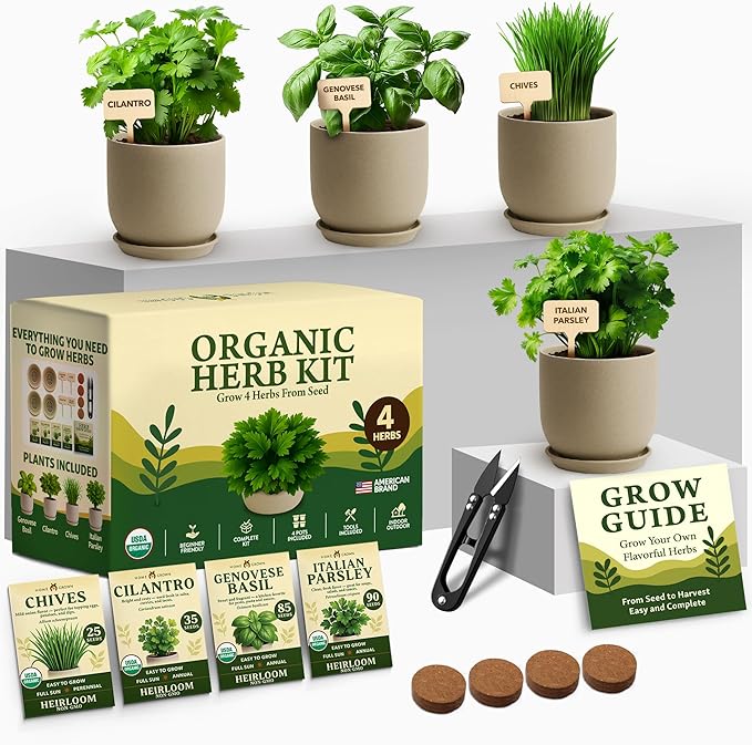 HOME GROWN Indoor Organic Herb Garden Kit – Unique Christmas Gift for Adults, Men, & Women - Grow 4 Herb Seeds for Kitchen Window Garden – Beginner DIY Hobby Gardening Gift for Plant Lovers, Mom & Dad