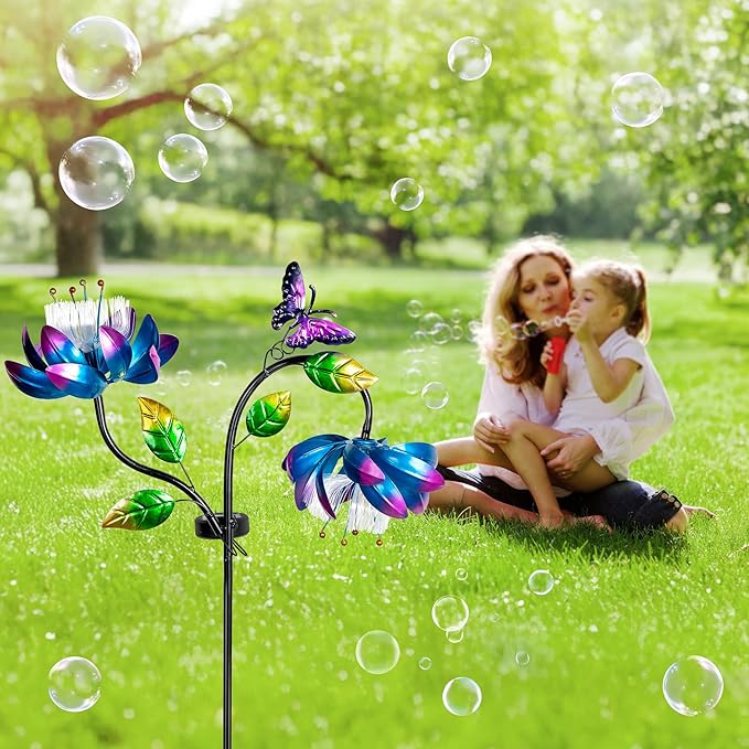 50'' Solar Powered Kinetic Wind Spinner Sculpture Blue Lotus Metal Stake Spinner for Patio, Lawn and Garden Decor Weather Resistant Outdoor Art with Dual Lotus with Butterfly Design