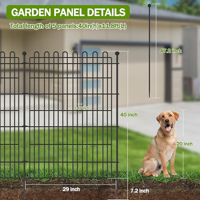 5 Panels No Dig Decorative Garden Fence for Yard, 40 in(H) X 11.8 ft(L) Animal Barrier Fencing for Outdoor Dog, Metal Portable Garden Fences for Borders, Pets, Landscape, Temporary Fence