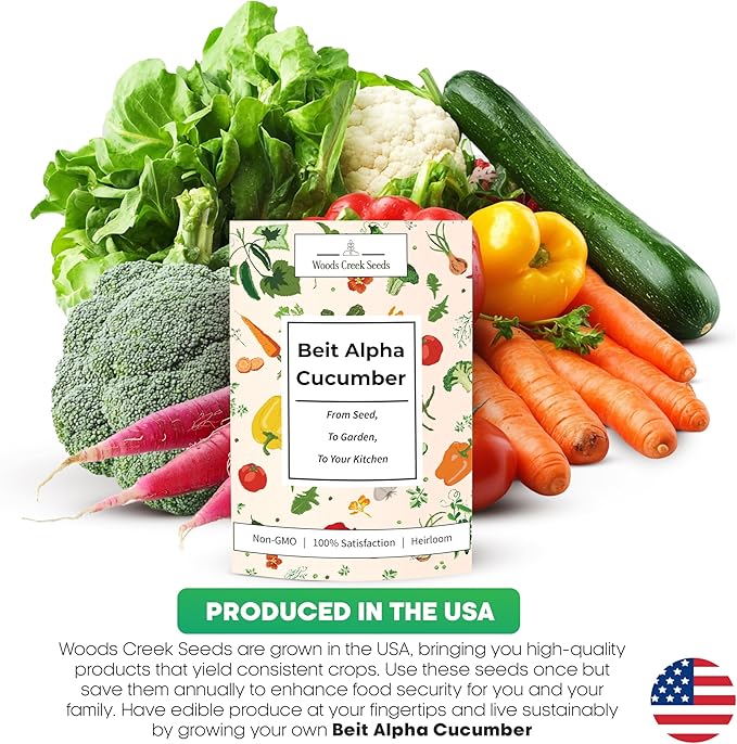 Woods Creek Seeds: Beit Alpha Cucumber Seed CMR/MMR for Planting - Over 90 Heirloom Seed Pack - Non-GMO Pickling Cucumber Seeds for Planting Indoors or Outdoors