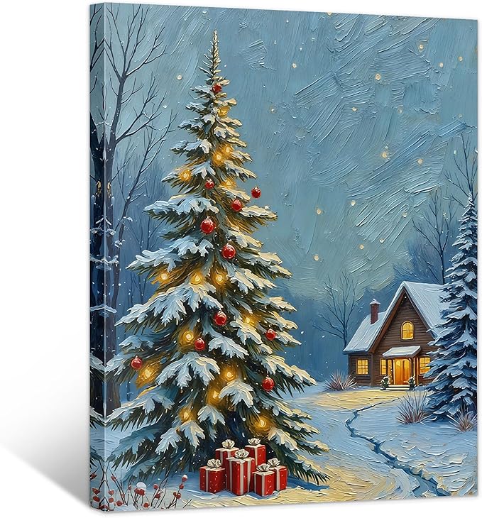 Framed Christmas Pictures Wall Decor,Vintage Pine Tree Prints,Winter Christmas Canvas Wall Art Decoration for Bedroom Bathroom Living Room Rustic Xmas Holiday Gifts (Christmas Tree 20, 16'' X 20'')