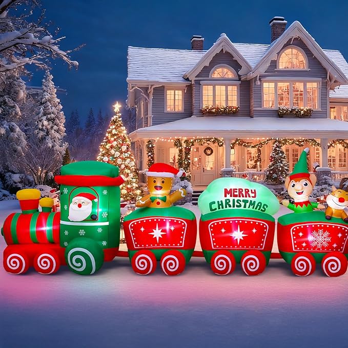 12FT Christmas Inflatables Train Decoration with Santa, Gingerbread Man, Reindeer, Lighted Blow Up Xmas Yard Decor with LED Lights, Holiday Outdoor Lawn Decorations for Garden, Party, Home