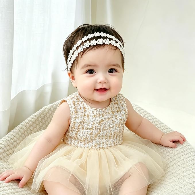 Baby Girls Hairband White Bow Lace Headbands Handmade Soft Stretchy Wide Head Band Newborn Hairbands with Bows Pearls Elastic Headband for Infant Hair Accessories（Flower Pearl）