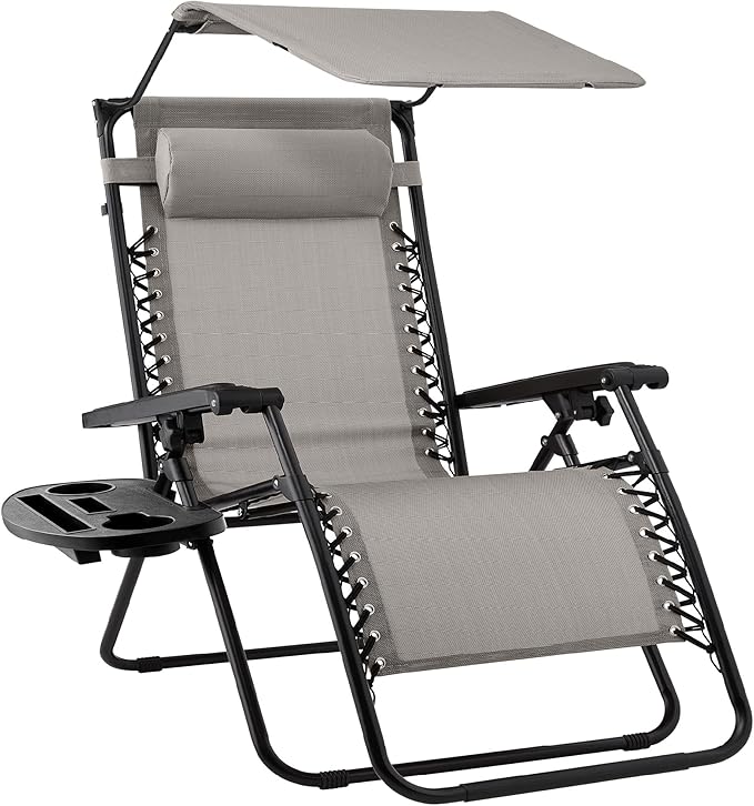 Best Choice Products Folding Zero Gravity Outdoor Recliner Patio Lounge Chair w/Adjustable Canopy Shade, Headrest, Side Accessory Tray, Textilene Mesh - Ice Gray