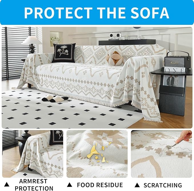 LUFEIJIASHI Boho Couch Covers for Sofa Non Slip Sofa Covers Washable Couch Covers for 3 Cushion Couch Sofa Pet Friendly Sectional Couch Cover Blanket Furniture Protector for Dogs (Khaki, 71"x118")