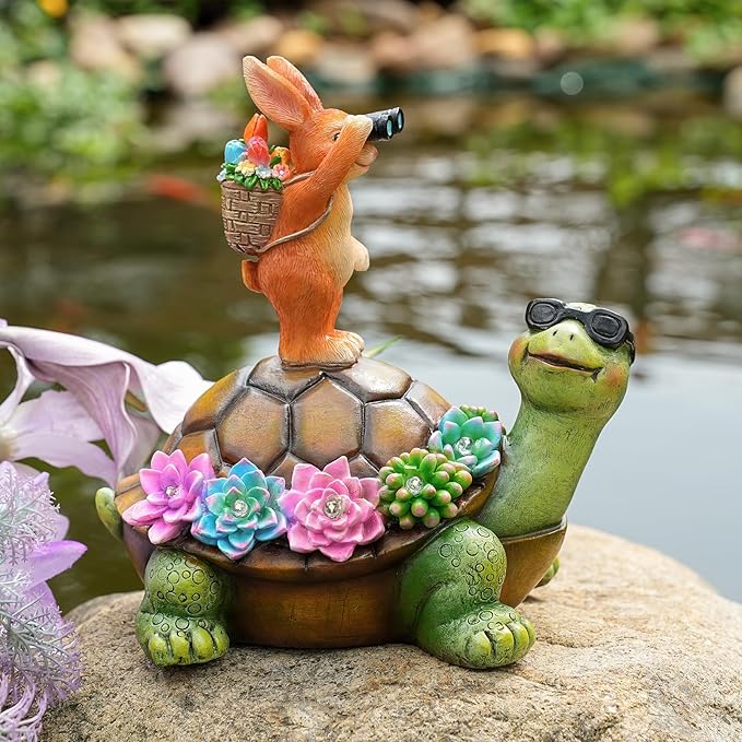 Solar Turtle Garden Statue with Bunny and LED Succulent Flowers – Outdoor Lawn Decor with Lights, Cute Animal Yard Ornament for Patio, Pathway, or Garden Gift (Turtle)