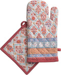 Maison d' Hermine 100% Cotton Oven Mitt & Pot Holder Set (7.5"x13" & 8"x8") Heat Resistant BBQ Cooking Gloves with Loop for Thanksgiving Christmas Decorations Handling Hot Pans (Romane)