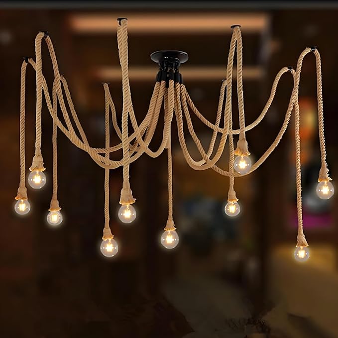 12 Head 2M Vintage Hemp Rope Light E26/E27 Base, Pendant Ceiling Light Lamp,Retro Style for Dining Hall Restaurant Bar Lighting(Bulb not Included)