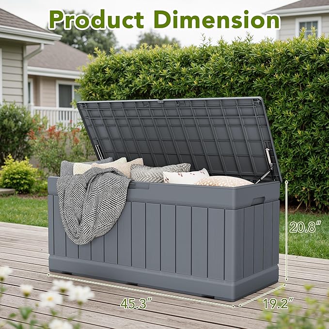 Devoko 78 Gallon Deck Box, Waterproof Resin Outdoor Storage Box for Outside and Patio, Outdoor Storage Bench Lockable for Patio Furniture, Garden Tools and Pool Supplies (Grey, 78 Gallon)