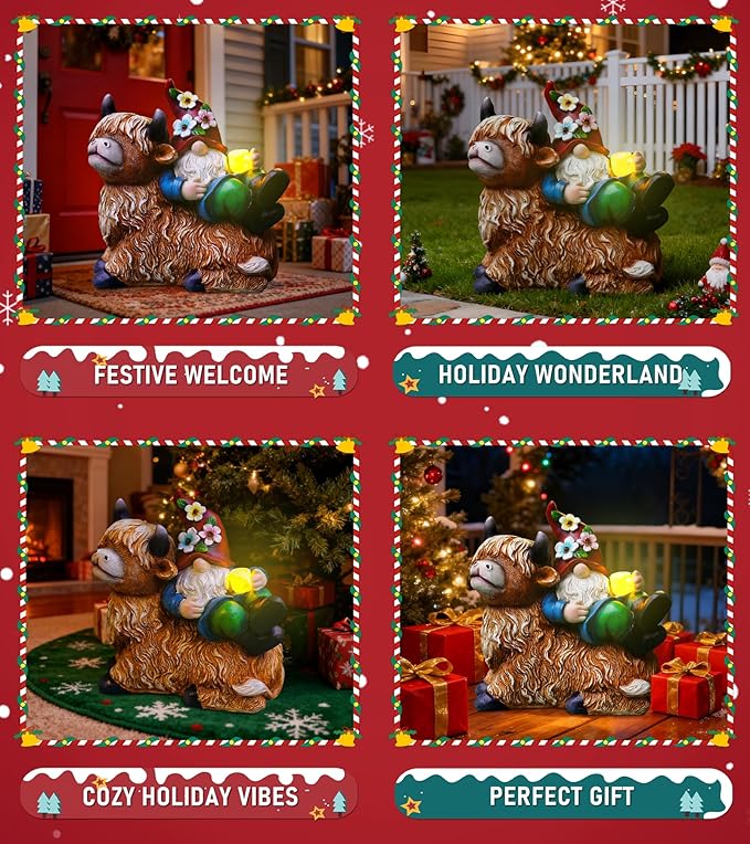 Christmas Garden Gnomes Statues Sitting On Highland Cow, Hold Solar Cup, Outdoor Decorations for Patio,Yard, Highland Cow Christmas Decorations