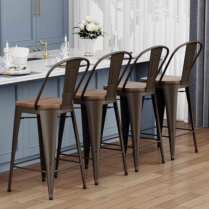 Yongqiang 24 inch Bar Stools Set of 4 Kitchen Counter Height Bar Chairs High Back Metal Barstools with Large Wooden Seat Industrial Rusty
