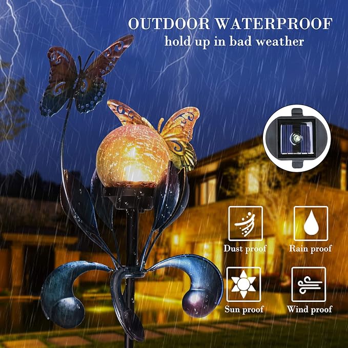 VCUTEKA Solar Lights Outdoor Metal Garden Stake Waterproof Crackle Glass Globe Garden Decor Butterfly for Pathway, Lawn, Patio, Yard