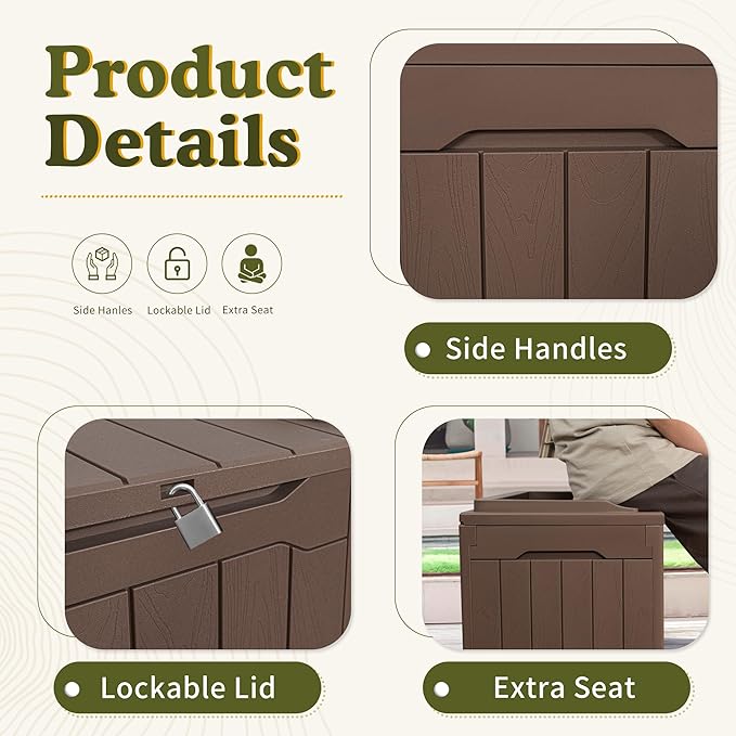 Devoko 31 Gallon Waterproof Outdoor Storage Box Resin Deck Box Lockable and UV Resistant for Patio Furniture,Garden Tools (Brown)