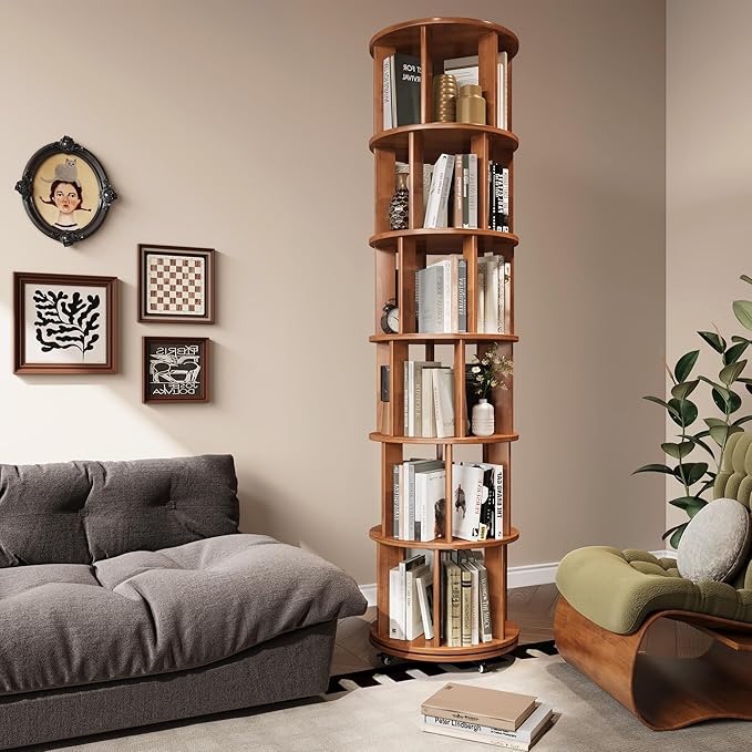 6 Tier Bookshelf Tower, 360° Solid Wood Spinning Bookcase with Swivel Wheels, Floor Standing Book Shelf for Small Space, Bookshelf for Home Office Study Room Bedroom Living Room