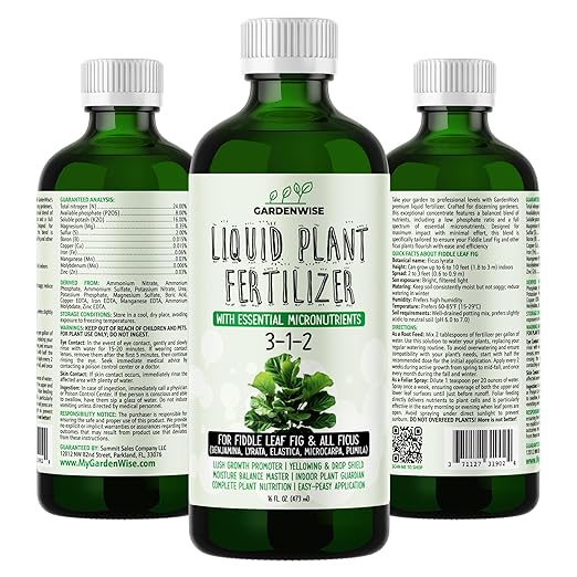 3-1-2 Liquid Fertilizer Concentrate with Micronutrients - Optimal Fiddle Leaf Fig Plant Food, Ideal for Ficus Lyrata & Fig Trees, Gold Leaf Enhanced Indoor Plant Fertilizer (8 OZ)