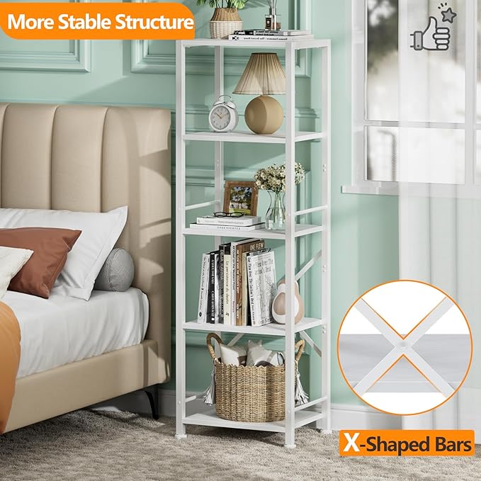 Furologee White Bookshelf 5 Tier Bookcase, Tall Narrow Bookshelves, Modern Freestanding Shelf Units, Metal and Wood Display Storage Corner Shelves Organizer for Bedroom, Living Room, Office, Bathroom