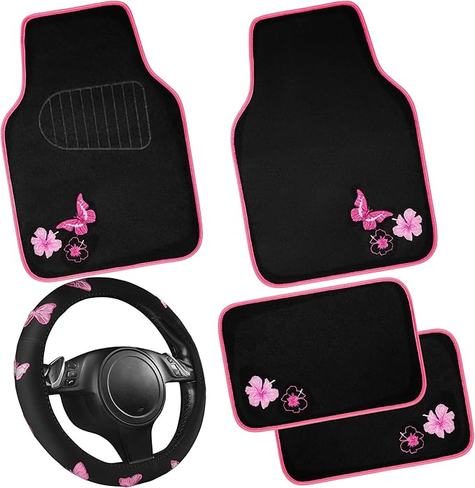 CAR PASS Embroidery Butterfly Steering Wheel Cover and Waterproof Car Floor Mats,Pink Car Mats 14.5-15inch Steering Wheel Covers Universal Fit for Cars, Suvs,Sedans,Van,for Women Girl(Black and Pink)