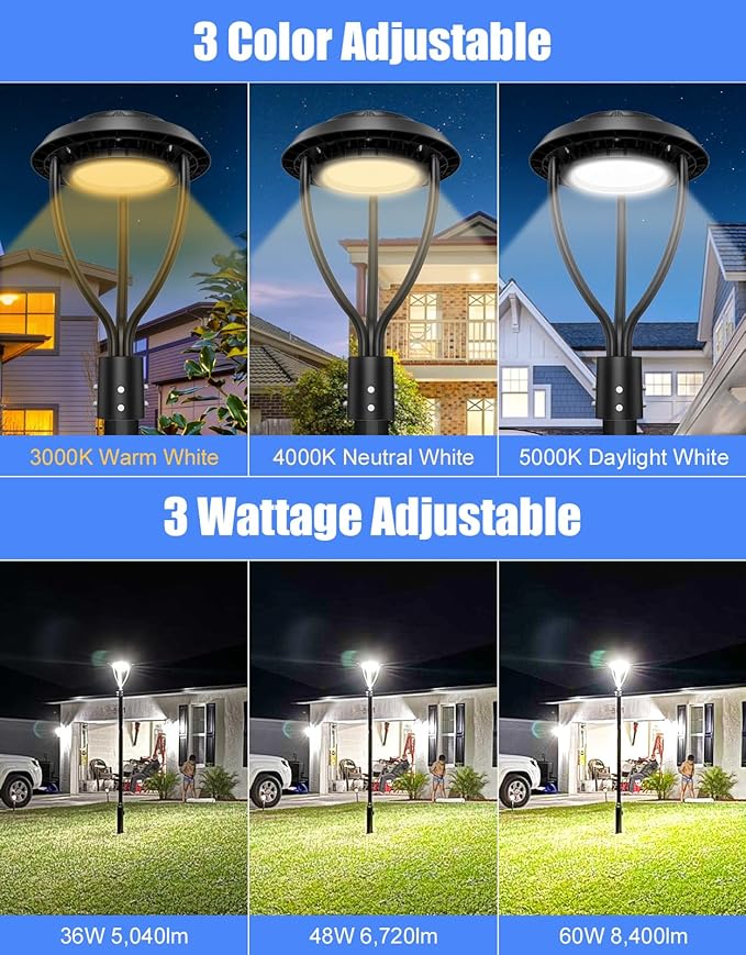 KUKUPPO 2Pack 60W LED Post Top Light ETL Listed 8400Lm Adjustable CCT 3000K/4000K/5000K, Adjustable Wattage 60W/48W/36W Outdoor Pole Light Fixture with Photocell IP65 Waterproof AC100-277V