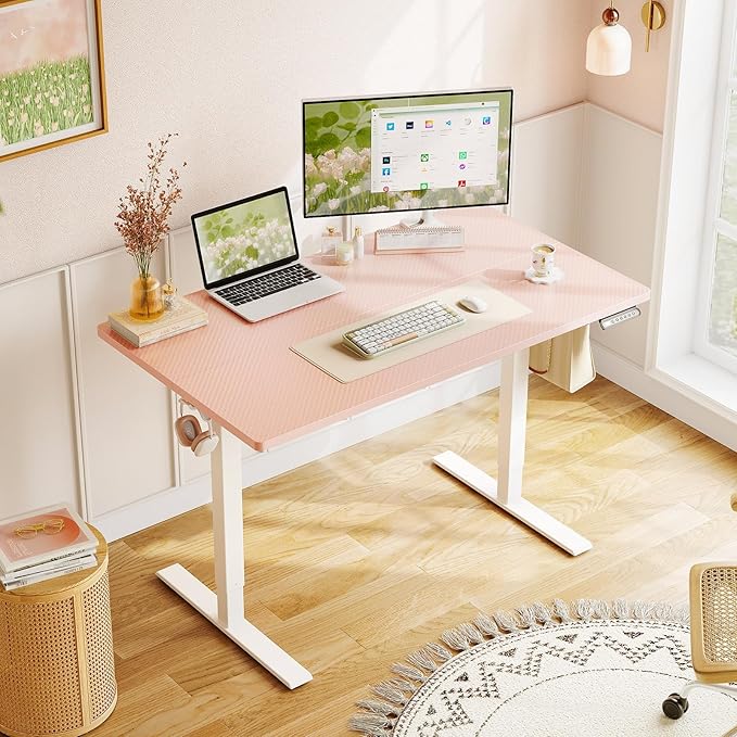 OffiGo Electric Height Adjustable Standing Desk, 40 Inch Pink Computer Desk for Women Girls, Sit Stand Table for Home, Office, Bedroom