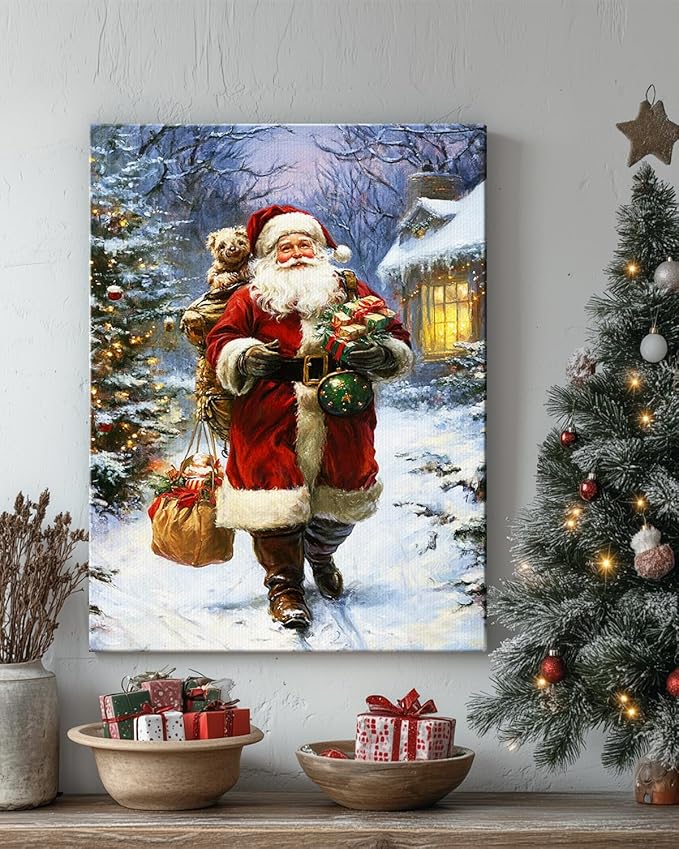 Vintage Santa Claus Christmas Canvas Wall Art - Festive Holiday Painting for Living Room,Bedroom & Bathroom, Cozy Winter Decor Framed Print, Perfect Christmas Gifts & Home Decoration