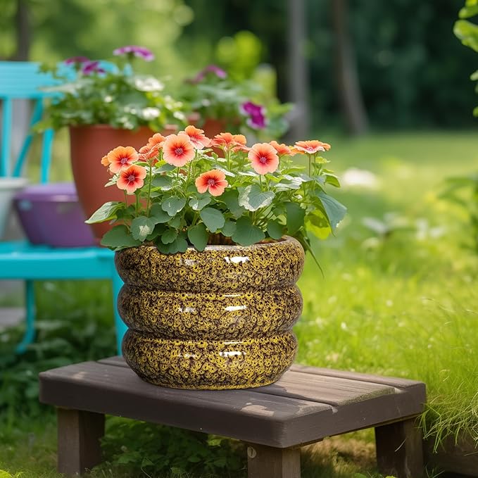 SQOWL Ceramic Flower Pots - 10 Inch Plant Pot Indoor with Drainage Hole, Round Bubble Planter for Outdoor Plants, Decorative Ceramic Plant Pot, Porch Home House Decor, House Warming Gifts, Yellow