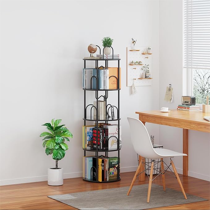 4 Tier Rotating Bookshelf, 360° Spinning Bookshelf Tower, Round Narrow Space Saving for Books and Display, Revolving Bookcase Corner Tall Book Shelf for Small Spaces, Bedroom, Living Room, Black