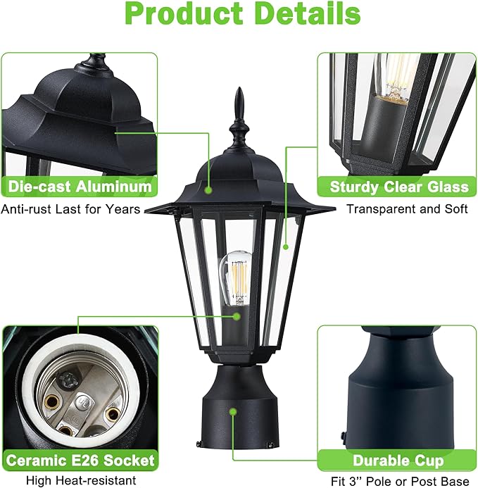 Outdoor Post Light, Pole Lantern, Waterproof Die-Cast Aluminum Pole Light Fixture with Glass, Exterior Post Lamp for Garden Yard Patio Pathway, Matte Black, 1-Pack