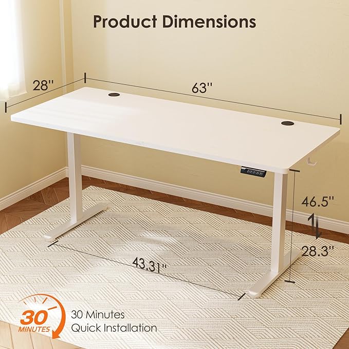 Monomi Electric Standing Desk, 63 x 28 inches Height Adjustable Ergonomic Home Office Sit Stand Up Desk with Memory Preset Controller (White Top/White Frame)