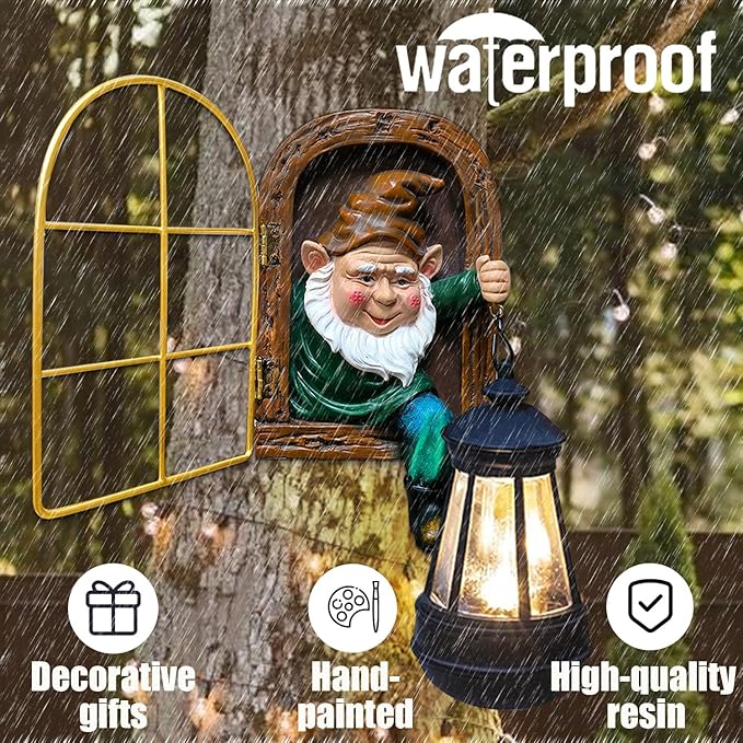 Fairy Garden Garden Gnomes with Solar Lantern Lights - Whimsical Elf Out The Window Yard Decorations Outdoor Tree Hugger Statues, Tree Face Sculpture, Ideal Gnomes Gifts for Patio, Fence, Wall