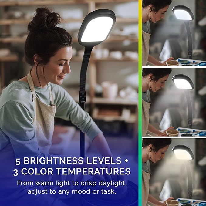 Verilux SmartLight Full Spectrum LED Modern Floor Lamp with Adjustable Brightness, Flexible Gooseneck and Easy Controls - Reduces Eye Strain and Fatigue - Ideal for Reading, Artists, Craft (Black)