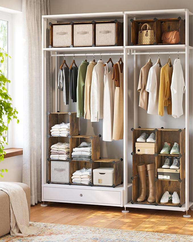 SONGMICS Cube Storage Organizer, Set of 16 Plastic Cubes, Closet Organizers and Storage, Room Organization, Bedroom Living Room, 12.2 x 48.4 x 48.4 Inches, Rustic Brown ULPC442A01