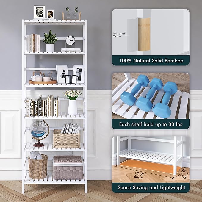 HITNET Bookshelf, 6-Tier Tall Bookcase Freestanding Bamboo Book Shelf Bathroom Storage Organizer with Adjustable Shelves, White