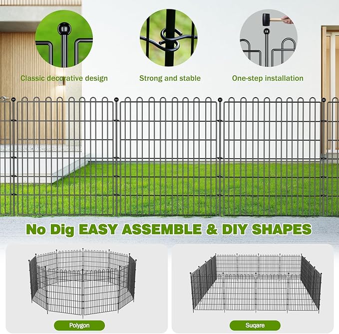 15 Panels No Dig Decorative Garden Fence with Gate for Yard, 32 in(H) X 35.4 ft(L) Animal Barrier Fencing for Outdoor Dog, Metal Portable Garden Fences for Borders, Pets, Landscape, Temporary Fence