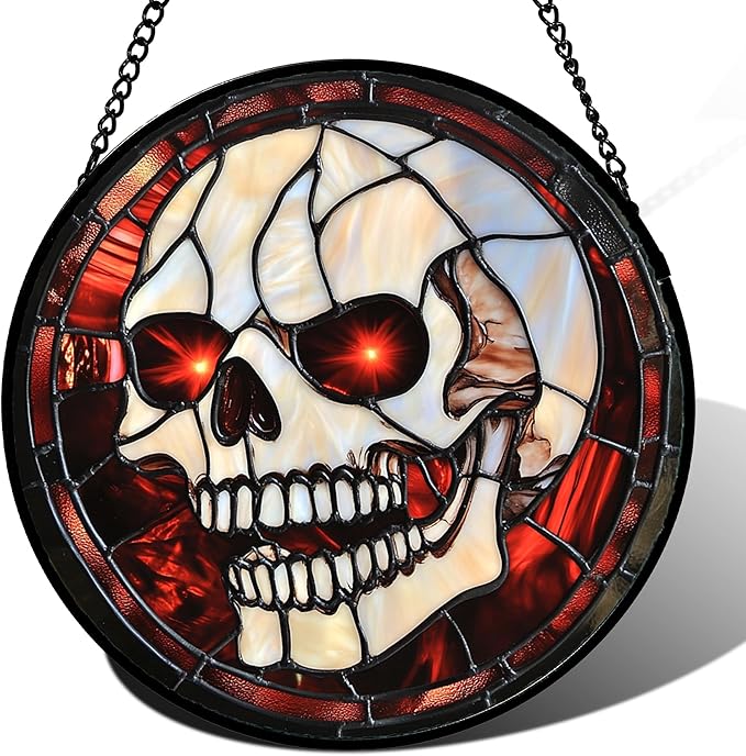 Stained Glass Window Hanging - Halloween Decorations White Skeleton Suncatcher for Doors Garden Indoor Spooky Funny Red Sun Catchers Gothic Decor Horror Gifts for Women Men Friend 6.3 in