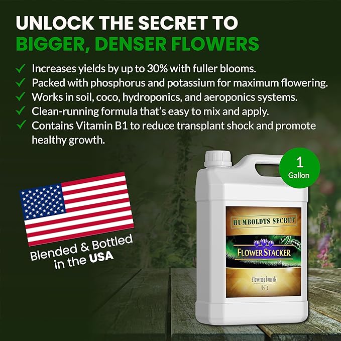 Humboldts Secret Flower Stacker | 0-7-5 Bloom Booster with Vitamin B1 | High Phosphorus Potassium Flowering Nutrients | Potting Soil Hydroponics Coco | Indoor & Outdoor Plants | 1 Gallon