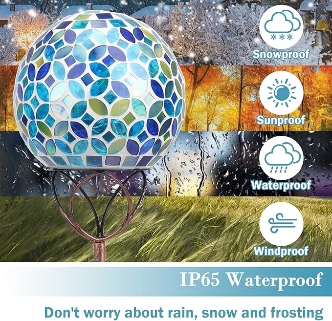 Solar Lights Outdoor Decorative, Solar Gazing Ball Mosaic Garden Stakes Decorative Waterproof Outdoor Lights for Pathway Yard Lawn Decoration (Blue)