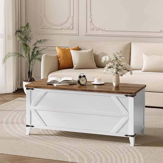 HOOBRO 47.2" Toy Box, Storage Chest with Safety Hinges, Toy Chest Storage, Wooden Storage Bench for Bedroom, Living Room, White and Walnut WH16CW01
