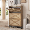 Maupvit Shoe Storage Cabinet with 3 Rattan Flip Drawers, Freestanding Organizer with Metal Legs for Entryway, Narrow Shoe Rack Cabinet, Hidden Golden Handles, Rustic Oak Rattan