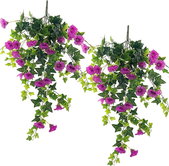 Artificial Flowers Faux Outdoor Plants Artificial Petunias for Outdoors Uv Resistant Fake Petunias Plants Hanging Flower Patio Decor Outside Basket Realistic Silk Plant No Pot(Purple 2pcs)