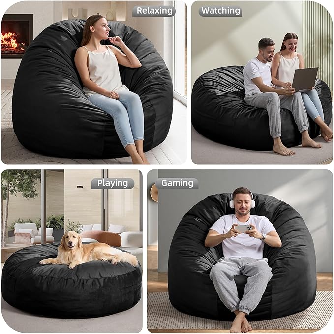 Hobestluk 6FT Bean Bag Chair Bean Bag Chairs for Adults Giant Bean Chairs with Velvet Cover, Memory Foam BeanBag Chair Fluffy BeanBag Chairs for Living Room, Bedroom- Black (70" x 70" x 15")