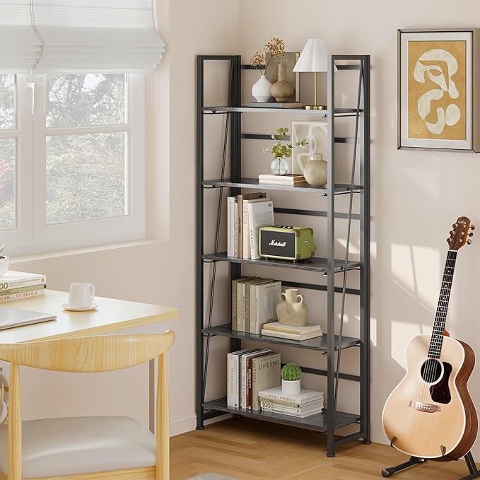 BHG Vintage Multifunctional Folding Bookshelf, No-Assembly Plant Stand Storage Rack Shelves for Home Office (Gray, 5-Tier)