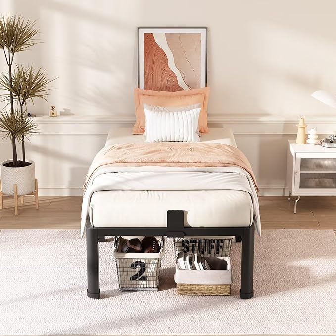 FUIOBYVV 16 Inch Twin XL Bed Frame with Rounded Corner and Headboard Hole Mattress Retainers 3500 LBS Metal Heavy Duty Steel Slats Support No Box Spring Needed Platform Noise Free Easy Assembly