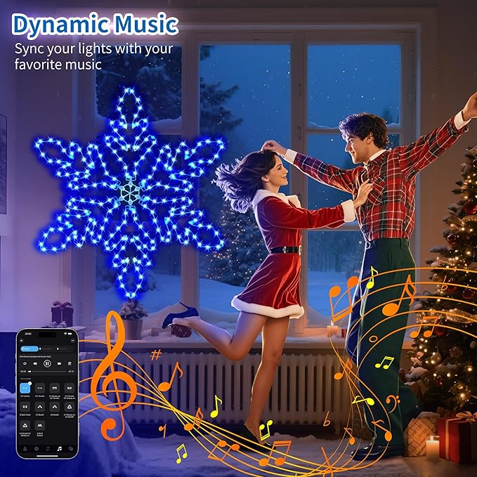 Led Snowflake Lights Outdoor, 36" 219 LED Smart Blue White Snowflake Christmas Lights with APP Remote Control Timer Music Sync, Metal Frame & Removable for Christmas Window Decorations