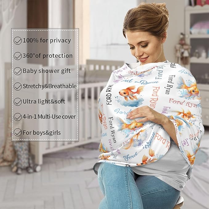 Personalized Baby Car Seat Cover with Name Stroller Canopy Custom Goldfish Carseat Cover Newborn Baby Boy Girl Nursing Cover for Moms First Birthday Gift