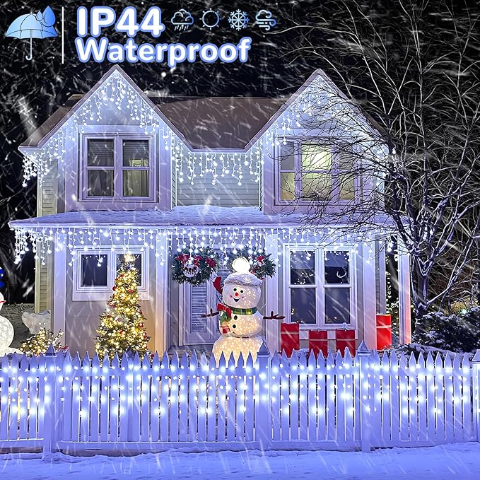 White Christmas Lights Outdoor - 33ft 400 LED Icicle Lights for Outside House, Twinkle Outside Lights Plug in 8 Modes Timer Waterproof for Patio Window Holiday Wedding Party Pathway Indoor Decorations