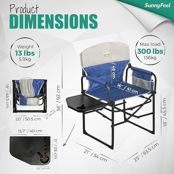 SUNNYFEEL Camping Directors Chair, Heavy Duty,Oversized Portable Folding Chair with Side Table, Pocket for Beach, Fishing,Trip,Picnic,Lawn,Concert Outdoor Foldable Camp Chairs
