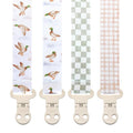 Stadela Baby Pacifier Clip Holder - Boy and Girl Unisex 4 Pack Gift Set – Neutral Checker Gingham Plaid Ducks Mallards Beige Brown and Green